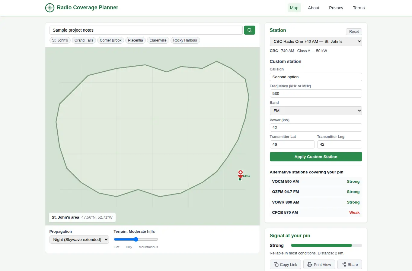 Screenshot of Radio Signal Coverage Planner interface showing the project page in use